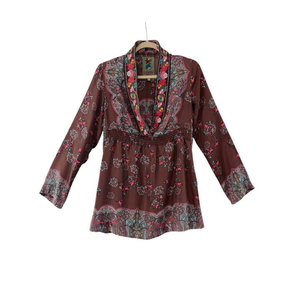 Johnny Was Silk Boho Floral Tunic Blouse Size Small Deep V Plum Brown Embroidery